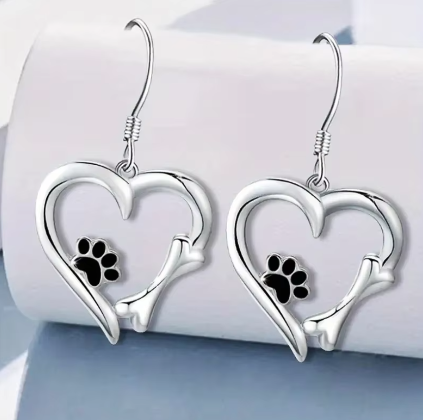 Dog Footprint Heart Drop Earring