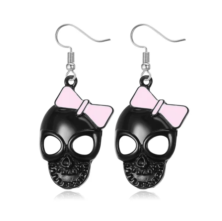 Cute & Spooky Black Skull Earring with Bow