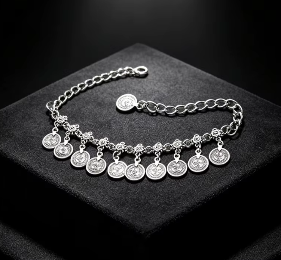 Vintage Silver Coin Charm Anklet