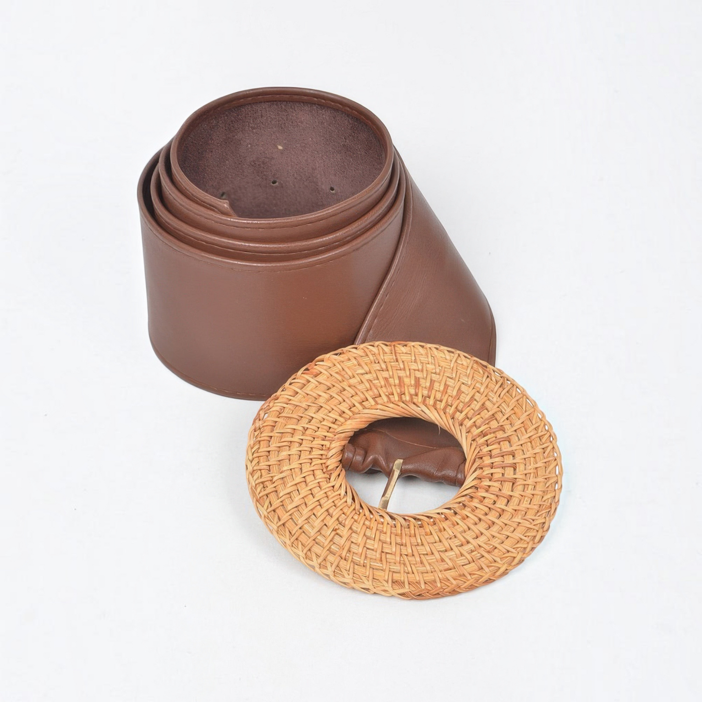 Omayra Boutique plus size brown polyurethane belt featuring a round woven bamboo-style buckle