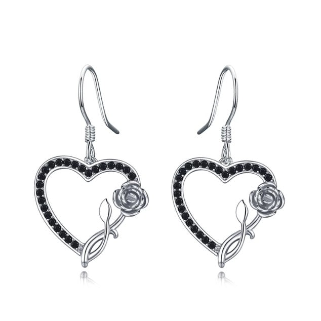Omayra Boutique sterling silver heart drop earrings with black spinel stones and rose inlay.
