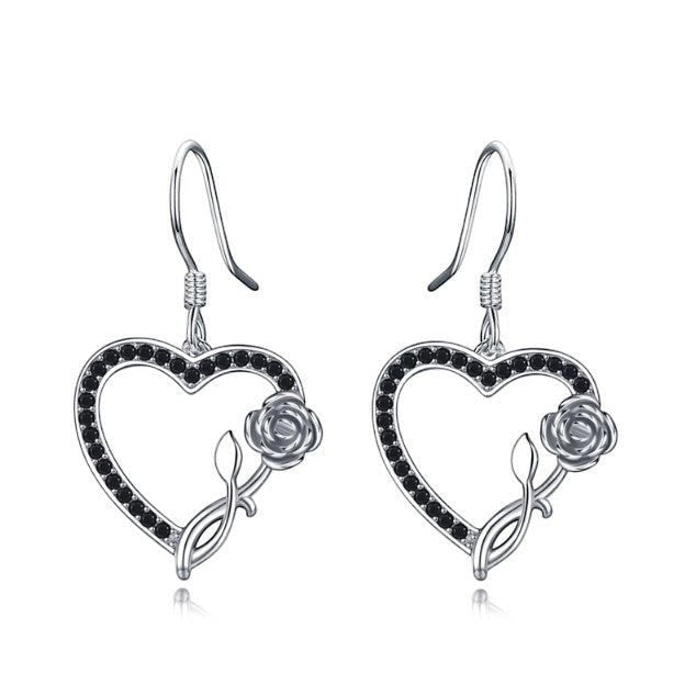Omayra Boutique sterling silver heart drop earrings with black spinel stones and rose inlay.