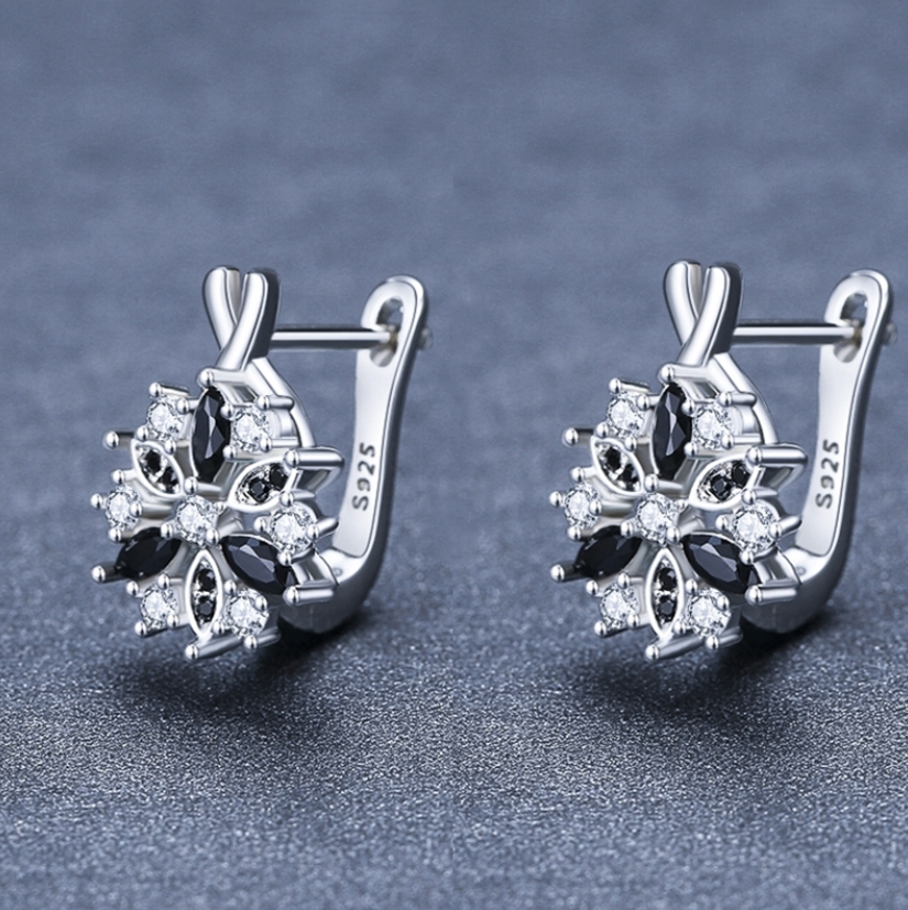 Black Silver Flower Hoop Earrings