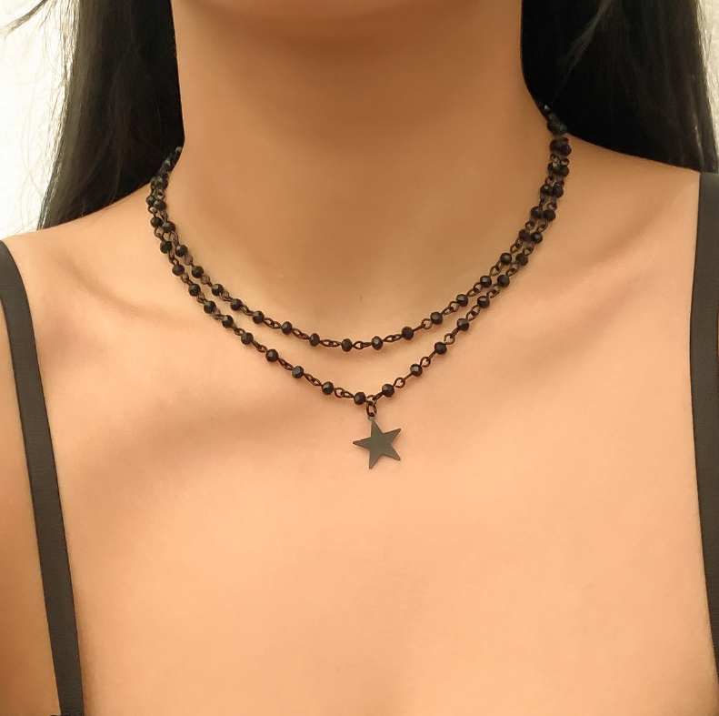 Gothic Cross Star Pendant 2 Multilayer Choker Necklace
