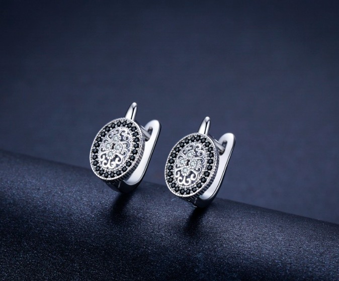 Oval Black Spinel Hoop Earrings