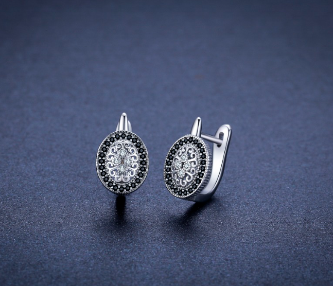 Oval Black Spinel Hoop Earrings