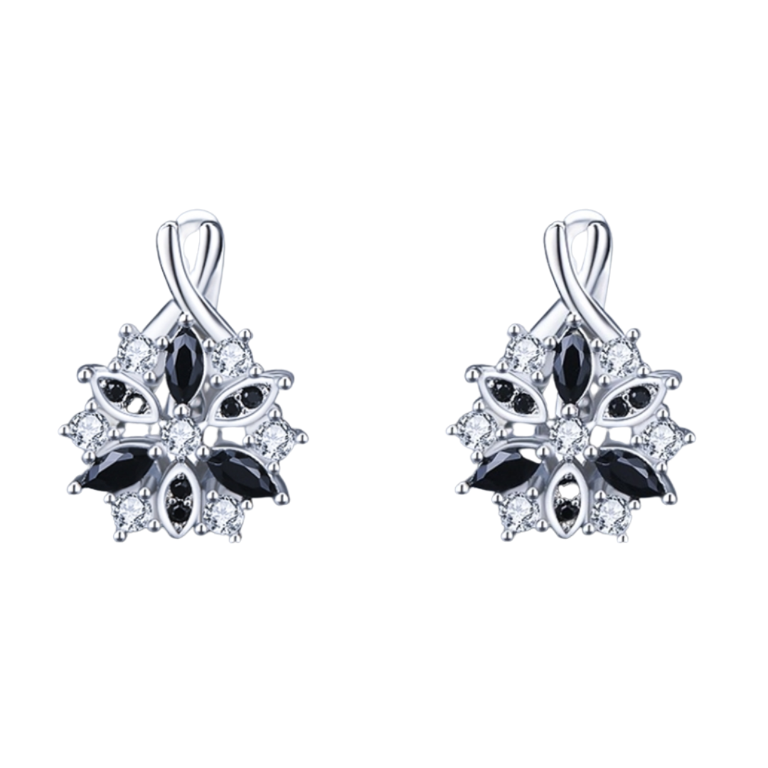Pendientes de aro con flores negras y plateadas