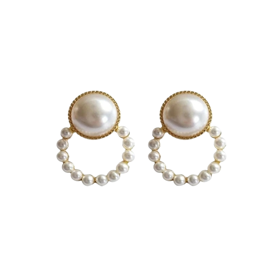 Elegantes pendientes redondos de mujer en color marfil y perla