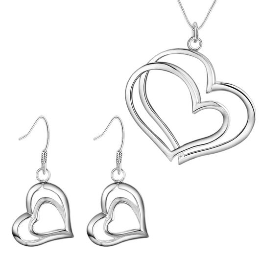 Women Double Heart Silver Jewelry Set