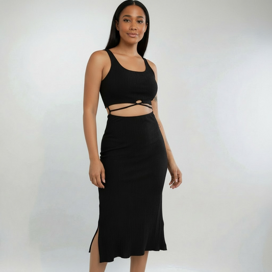 Black Criss Cross Cut-out Slits Sleeveless Midi Dress