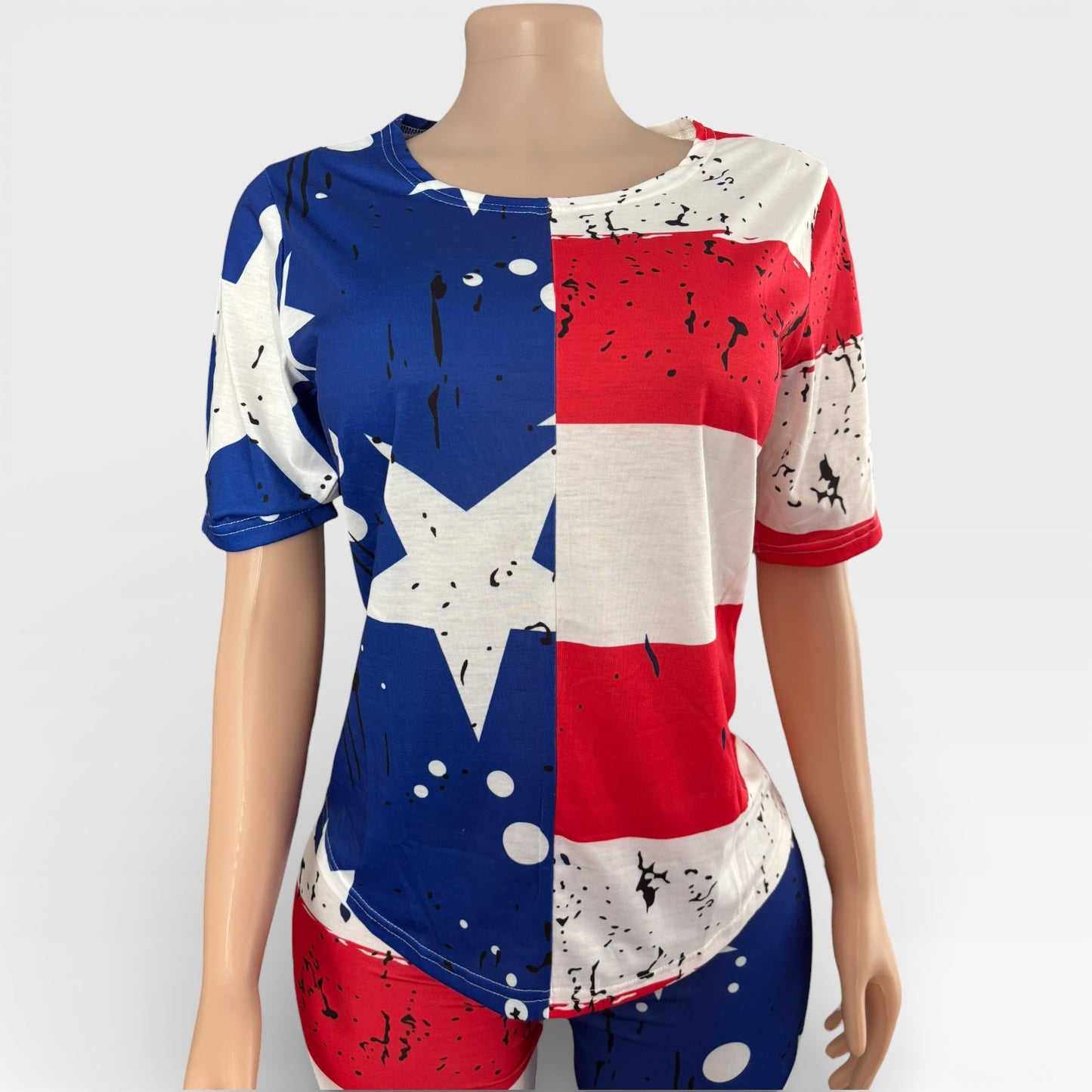 Conjunto de dos piezas de pantalones cortos con estampado de bandera estadounidense para mujer