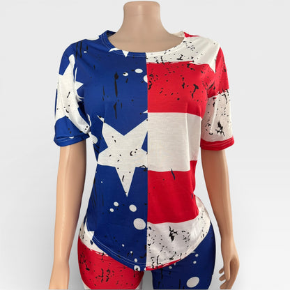 Conjunto de dos piezas de pantalones cortos con estampado de bandera estadounidense para mujer