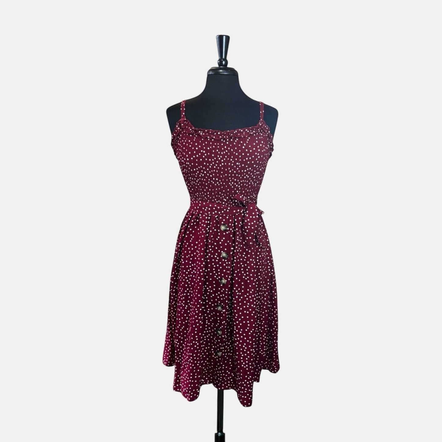 Polkadot Burgundy Ruffled Neckline Sundress