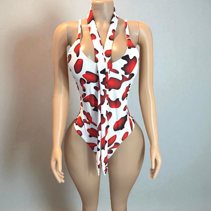 Red and White High Cut Women One-piece With Sash