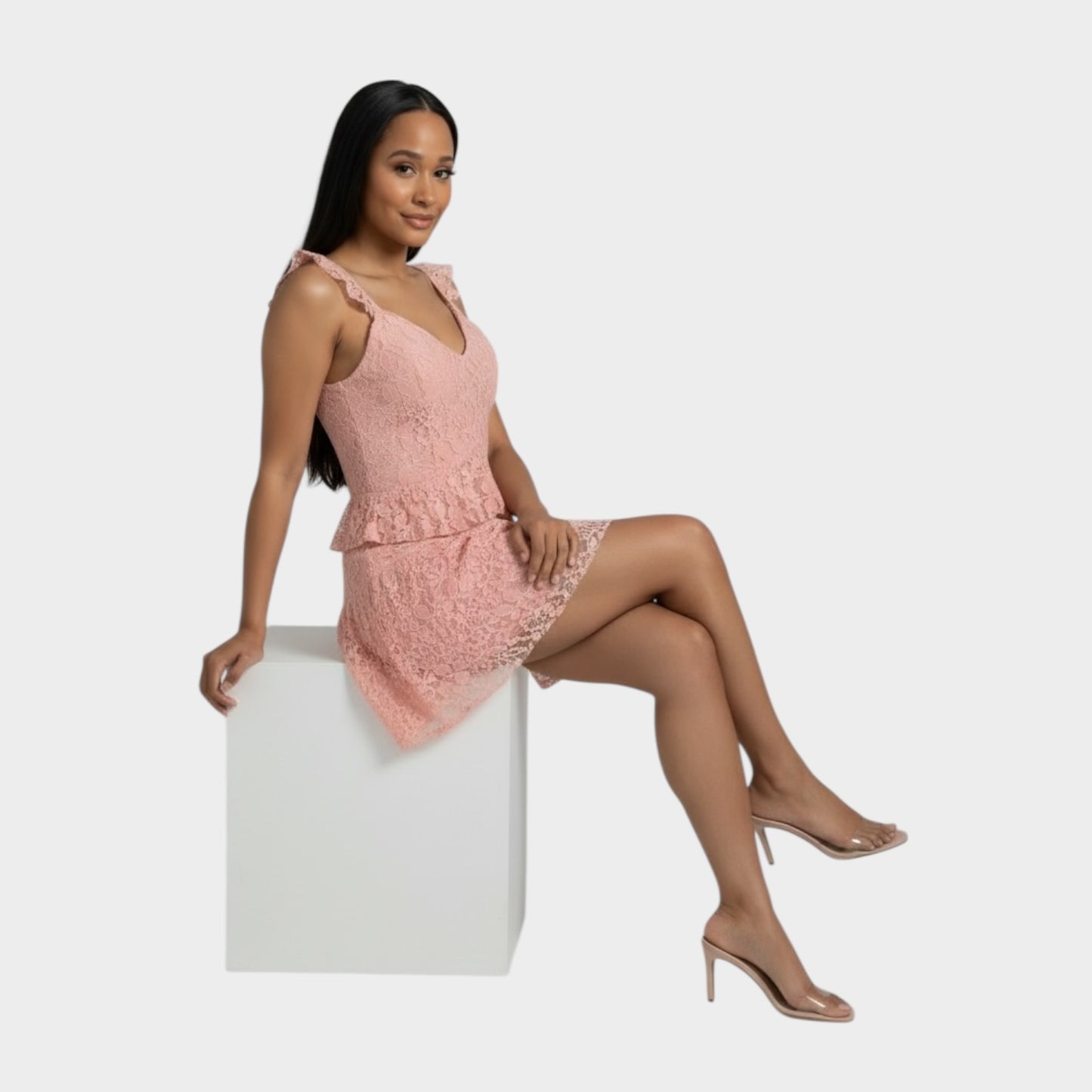 Conjunto de falda de encaje con corazón rosa claro