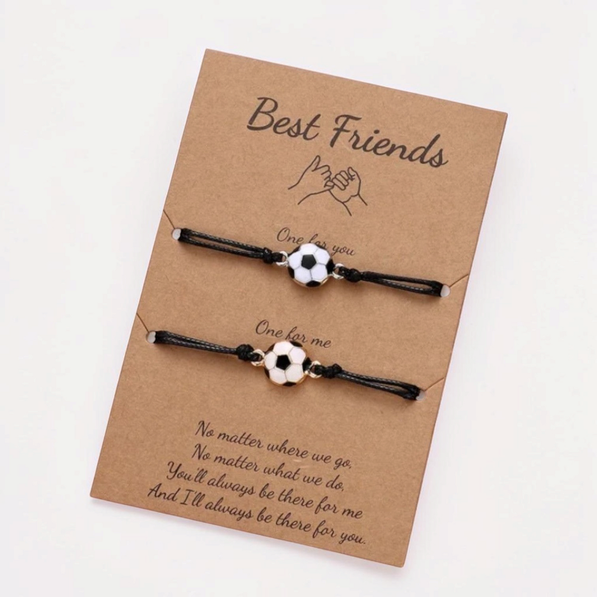 Omayra Boutique Best Friend drawstring bracelets with soccer ball charms in gold and silver on a display card