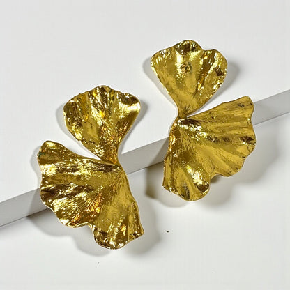 Gold Ginkgo Leaf Statement Drop Earrings
