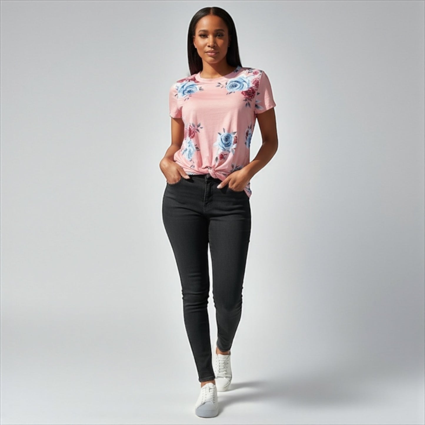Pink Floral Shirt With Knot Top