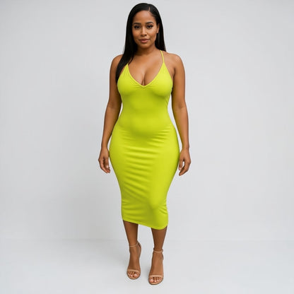Neon Lime V-Neck Strappy Bodycon Midi Dress