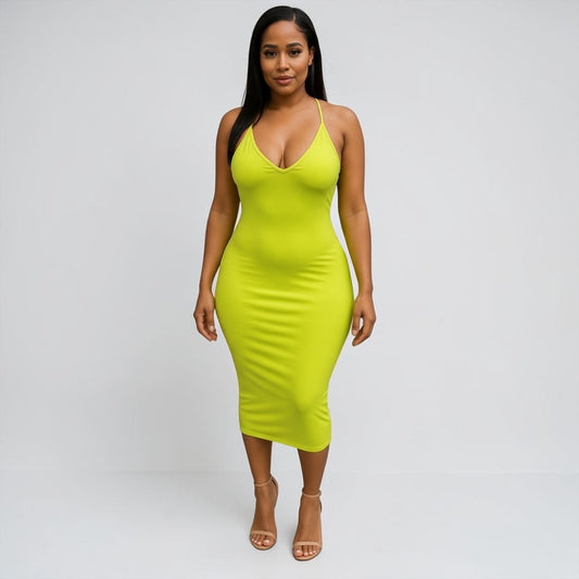 Neon Lime V-Neck Strappy Bodycon Midi Dress