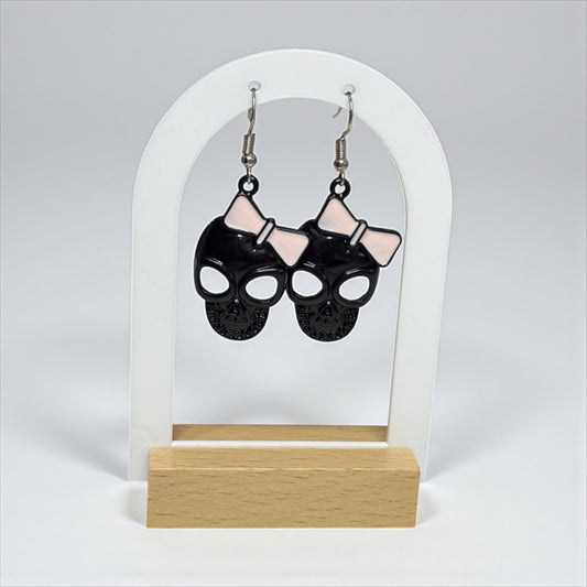 Cute & Spooky Black Skull Earring with Bow