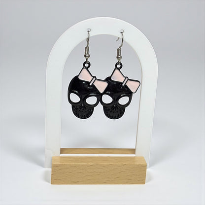 Cute & Spooky Black Skull Earring with Bow