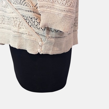 Omayra Boutique cream V-neck crossover wrap top in a textured knit cotton-acrylic blend with button detail.