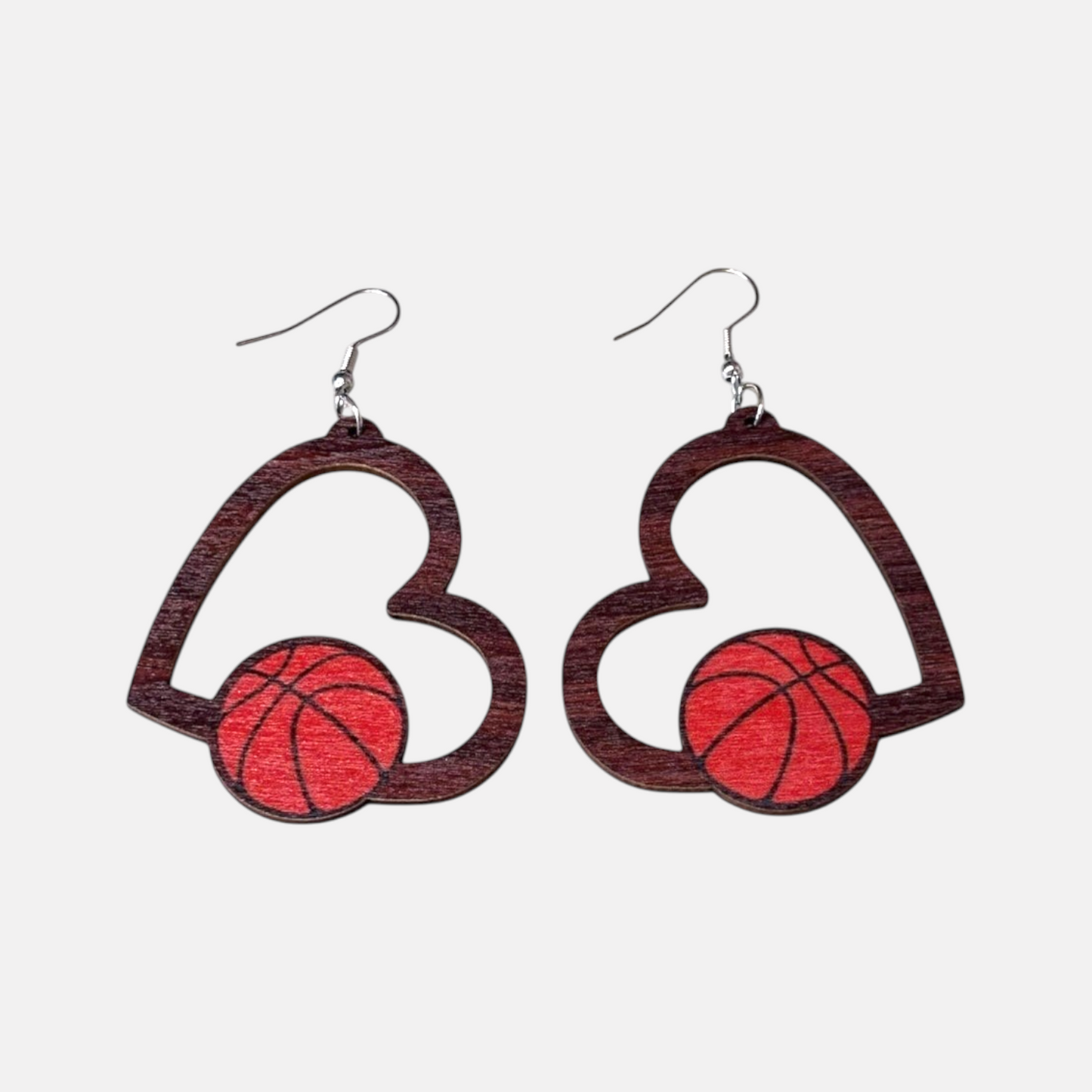 Heart Basketball Wood Earring