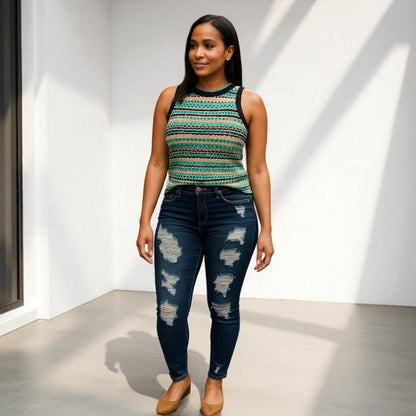 Blue Distressed Raw Hem Denim Pants