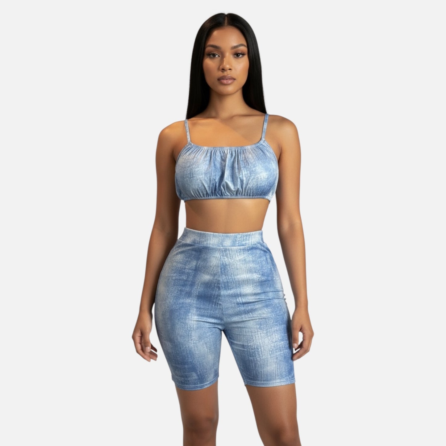 Conjunto corto de dos piezas de talle alto en color azul