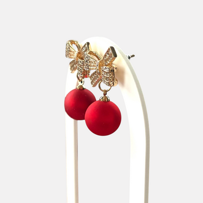 Red Ornament & Crystal Bow Earring