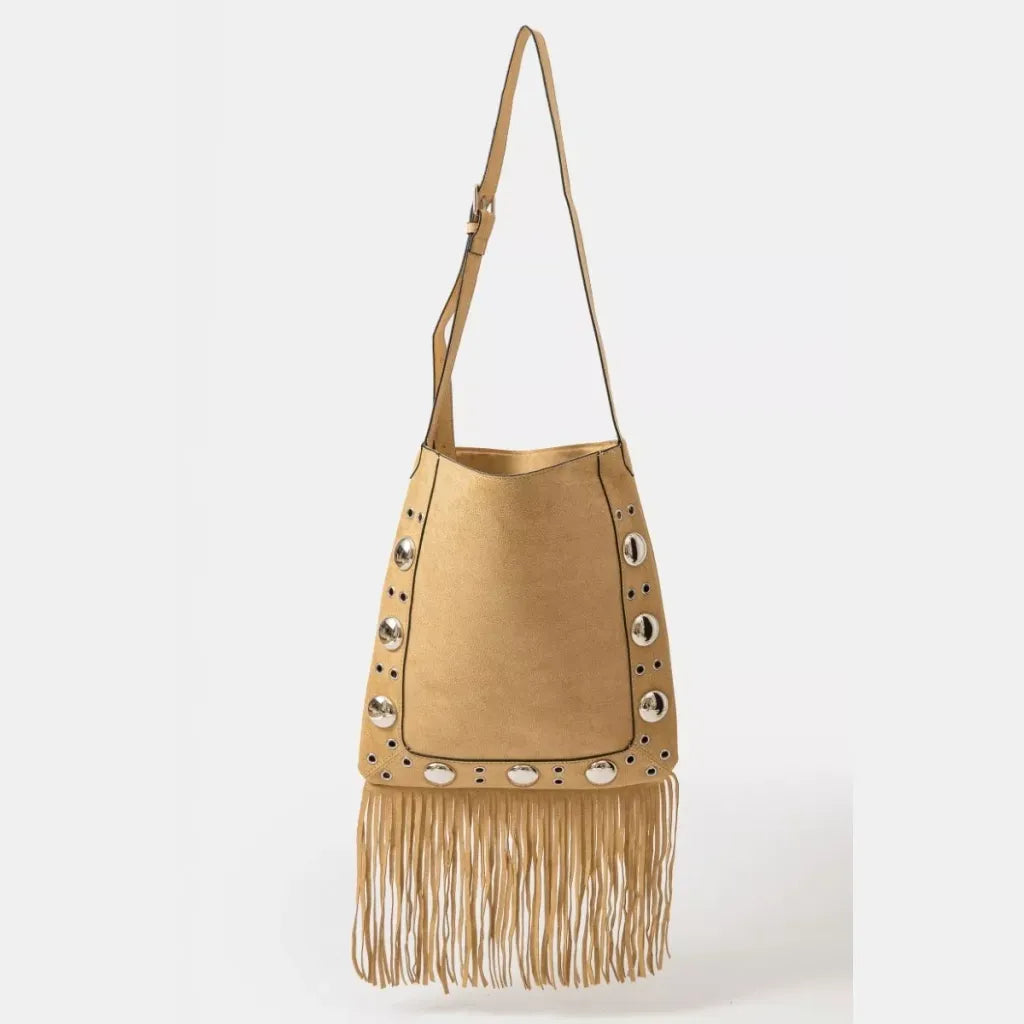 Faux Suede Grommet Accent Fringe Tote Bag