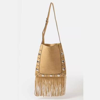 Faux Suede Grommet Accent Fringe Tote Bag