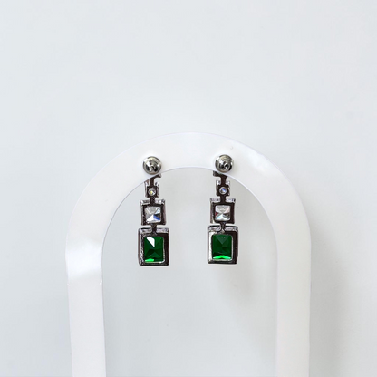 Omayra Boutique emerald green and silver drop earrings featuring square crystals in a lightweight copper setting.