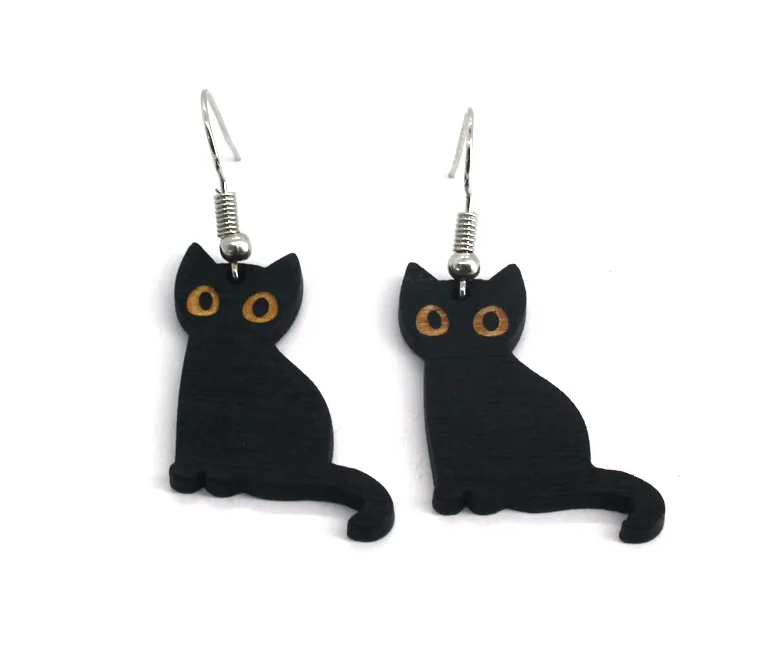 Small Black Cat Drop Earring