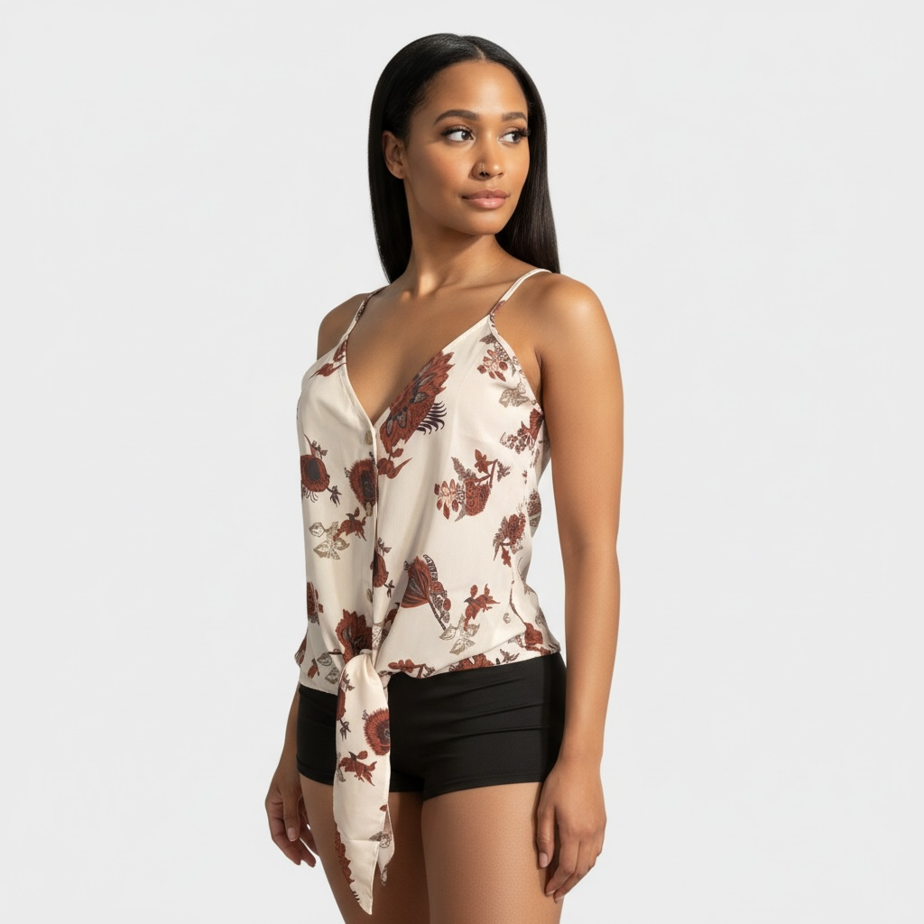 Camiseta sin mangas con estampado floral y lazo para mujer