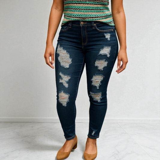 Blue Distressed Raw Hem Denim Pants