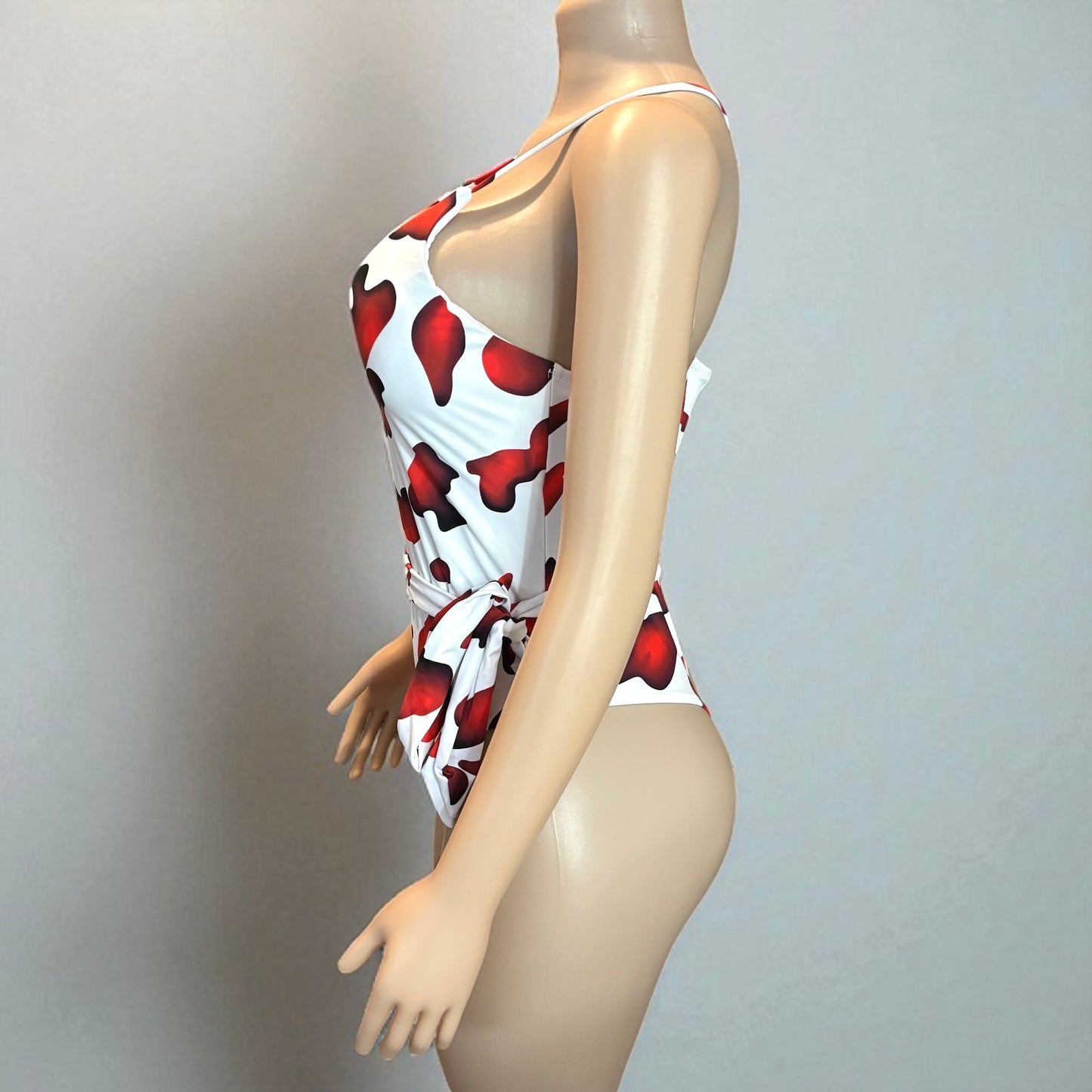 Red and White High Cut Women One-piece With Sash
