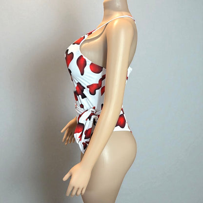 Red and White High Cut Women One-piece With Sash