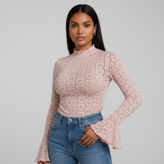 Heart Pink Flare Sleeve Mock Neck Fitted Top