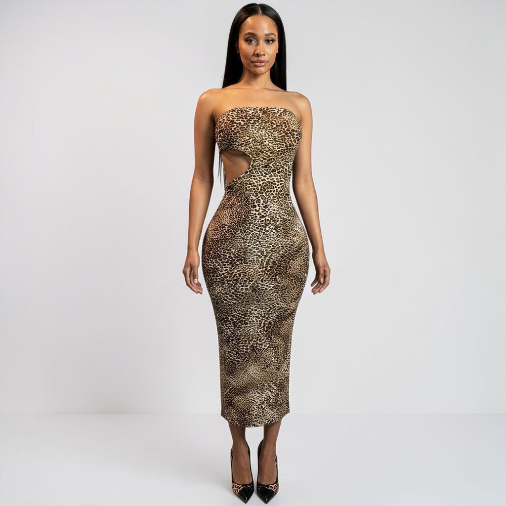 Leopard Print Strapless Cutout Midi Dress