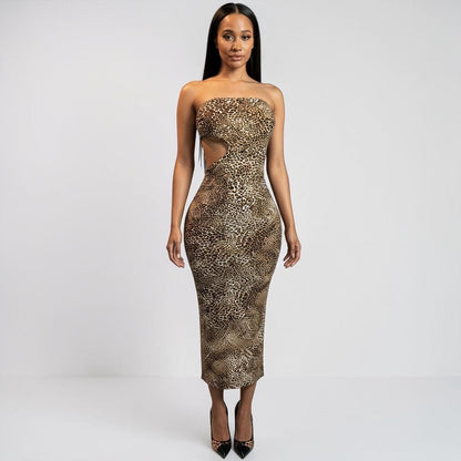 Leopard Print Strapless Cutout Midi Dress