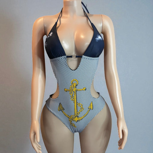 V Neck Women Navy Blue Halter Swimsuit