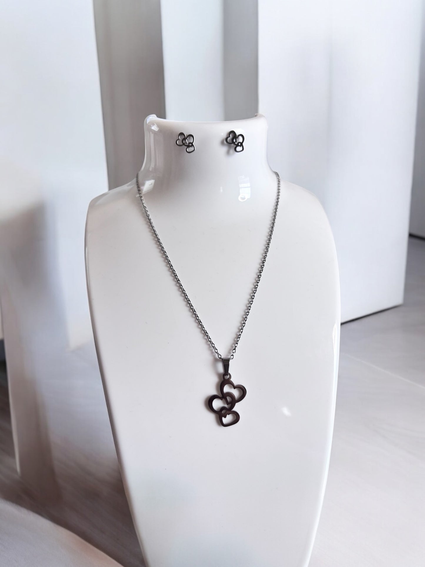 Stainless Steel Triple Heart Necklace & Earring Set