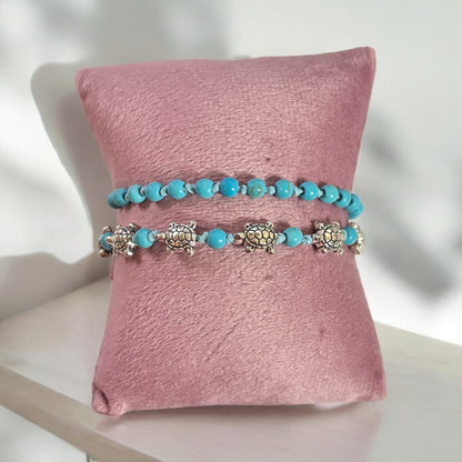 Pulsera de tobillo con forma de tortuga bohemia hecha a mano y anudada de 2 piezas