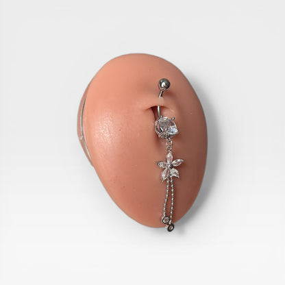 Silver Crystal Flower Dangle Belly Ring