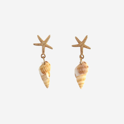 Gold Starfish Drop Earrings with Shell Charm