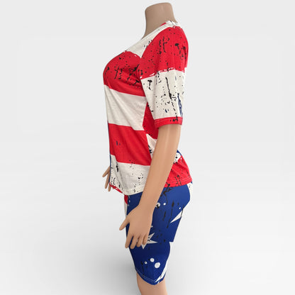 Conjunto de dos piezas de pantalones cortos con estampado de bandera estadounidense para mujer