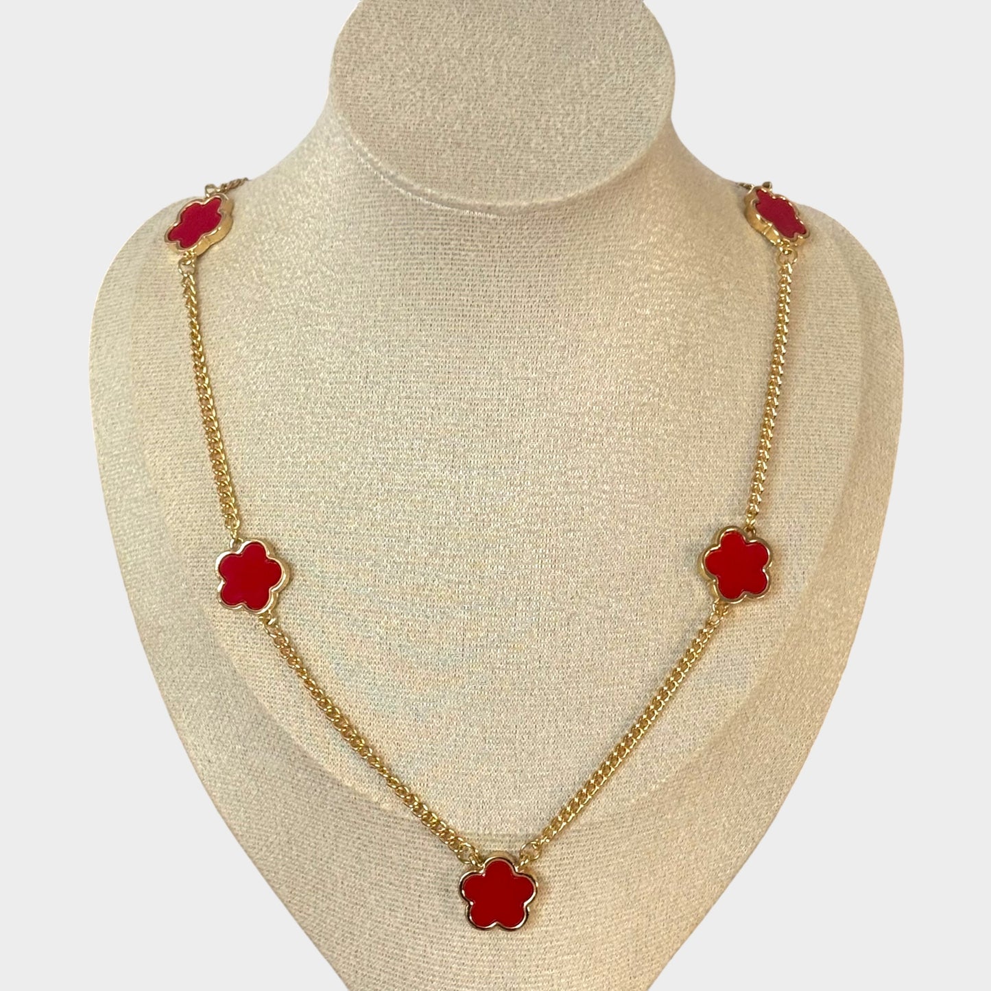 Gold & Red Clover Necklace, Bracelet & Earrings Set