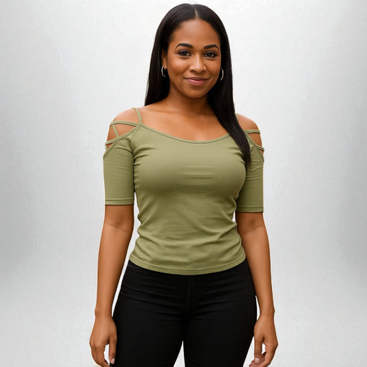 Solid Off Shoulder Top With Strappy Cut Sleeve
